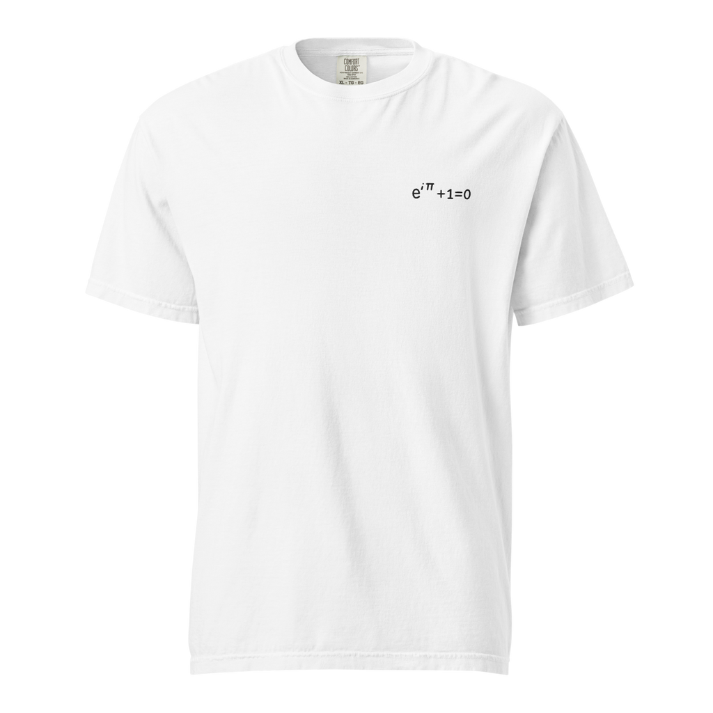 Post Irony: weißes Heavyweight-T-Shirt mit kleiner schwarzer Euler-Stickerei auf der linken Brust, Vorderansicht