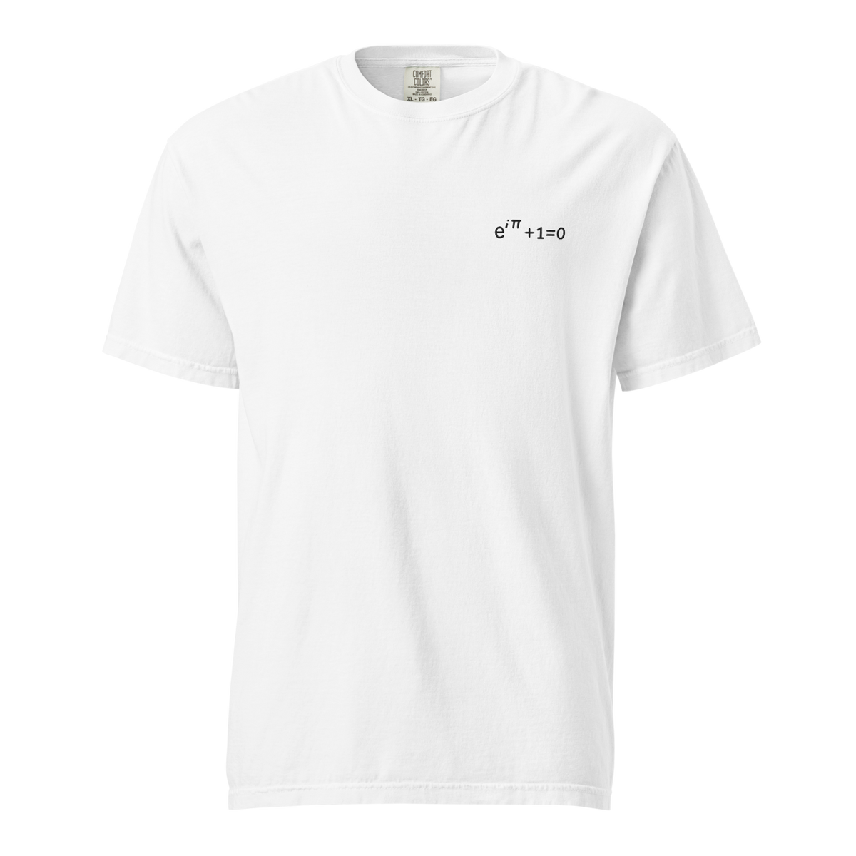 Post Irony: weißes Heavyweight-T-Shirt mit kleiner schwarzer Euler-Stickerei auf der linken Brust, Vorderansicht