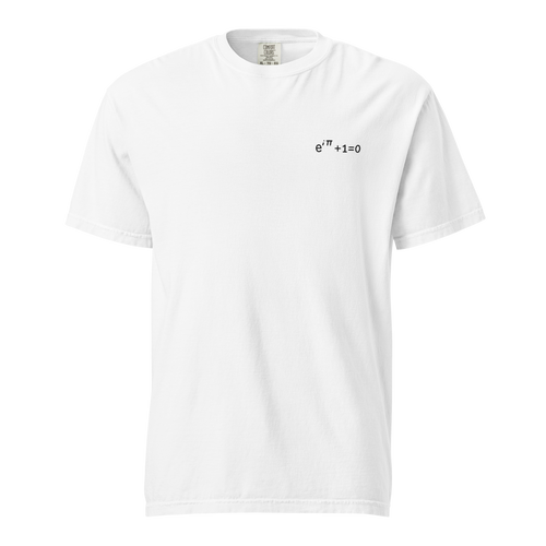 Post Irony: weißes Heavyweight-T-Shirt mit kleiner schwarzer Euler-Stickerei auf der linken Brust, Vorderansicht
